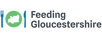 The Feeding Gloucestershire logo which includes those words beside a graphic of a knife fork and plate with the outline of the county in it.