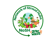 The logo of the Network of Stroud Hubs which includes an image of the globe surrounded by veg and the words zero waste.